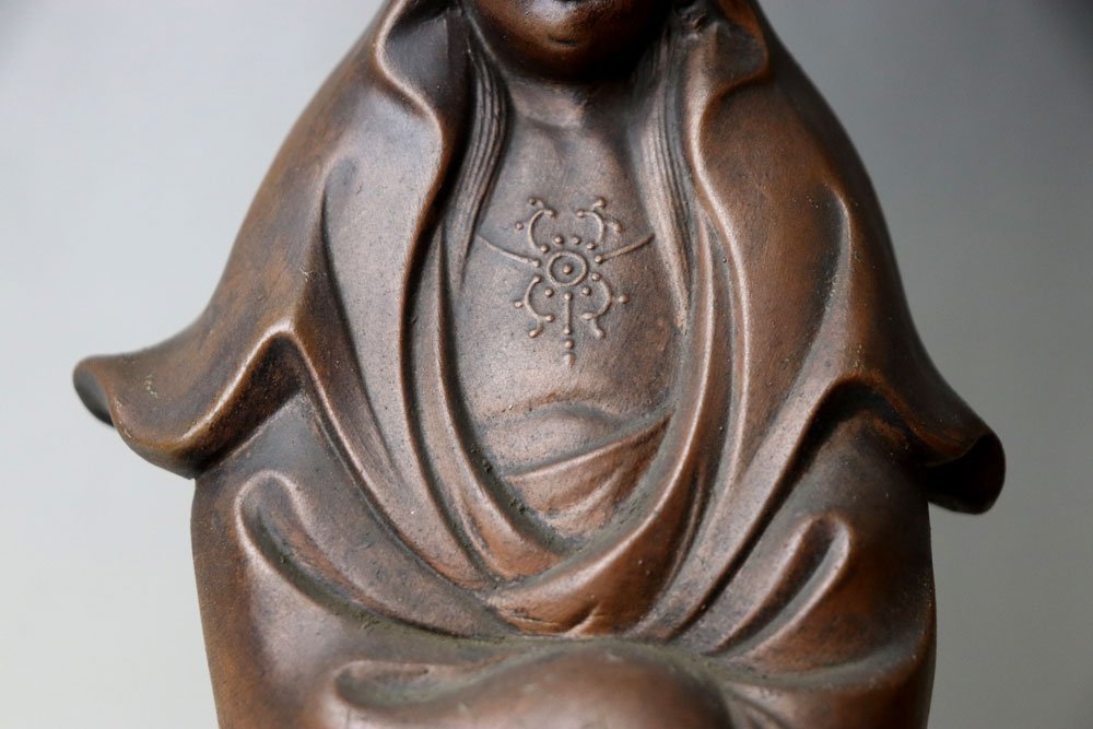 □W-3587□戦前～ 仏教美術 備前焼 観音菩薩立像 観音様 仏像 刻印