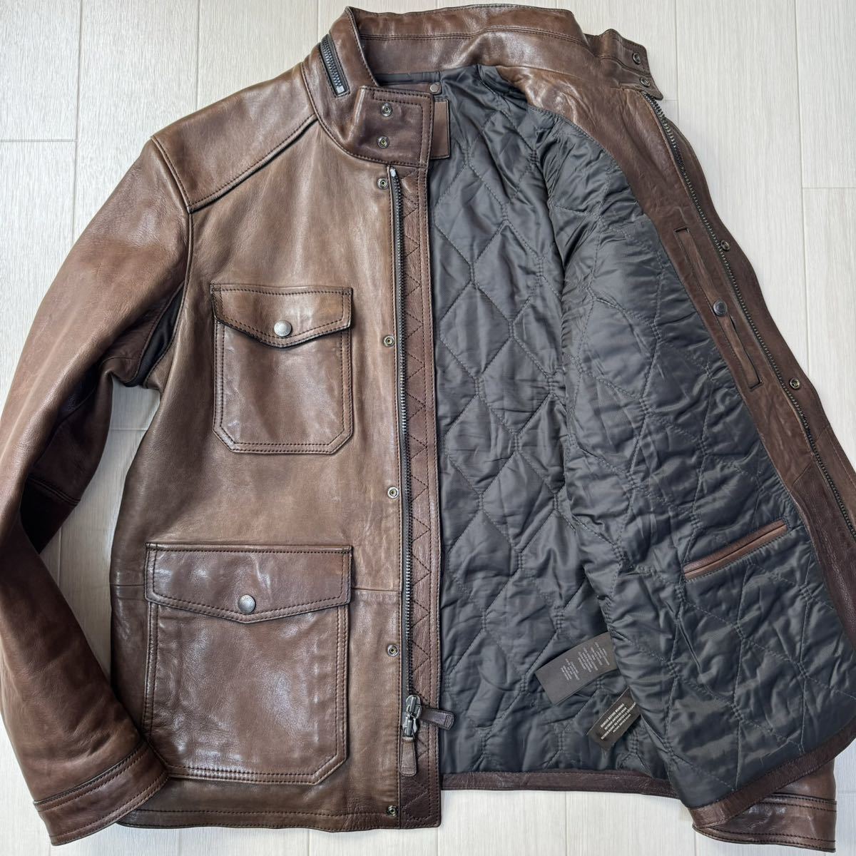 美品/Mサイズ★コーチ/COACH ロゴ革ラベル 羊革 ラムレザー ミリタリー ジャケット ブルゾン 収納フード ダブルジップ 刻印釦 メンズ 焦茶