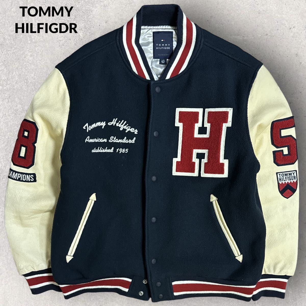 美品 TOMMY HILFIGER 90s 00s 刺繍ワッペン 袖革 スタジャン Lサイズ キルティングライナー