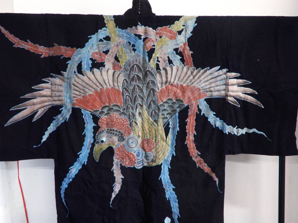 銀の斧＞古布・明治期筒描夜着・顔料・桐に鳳凰・手織藍染