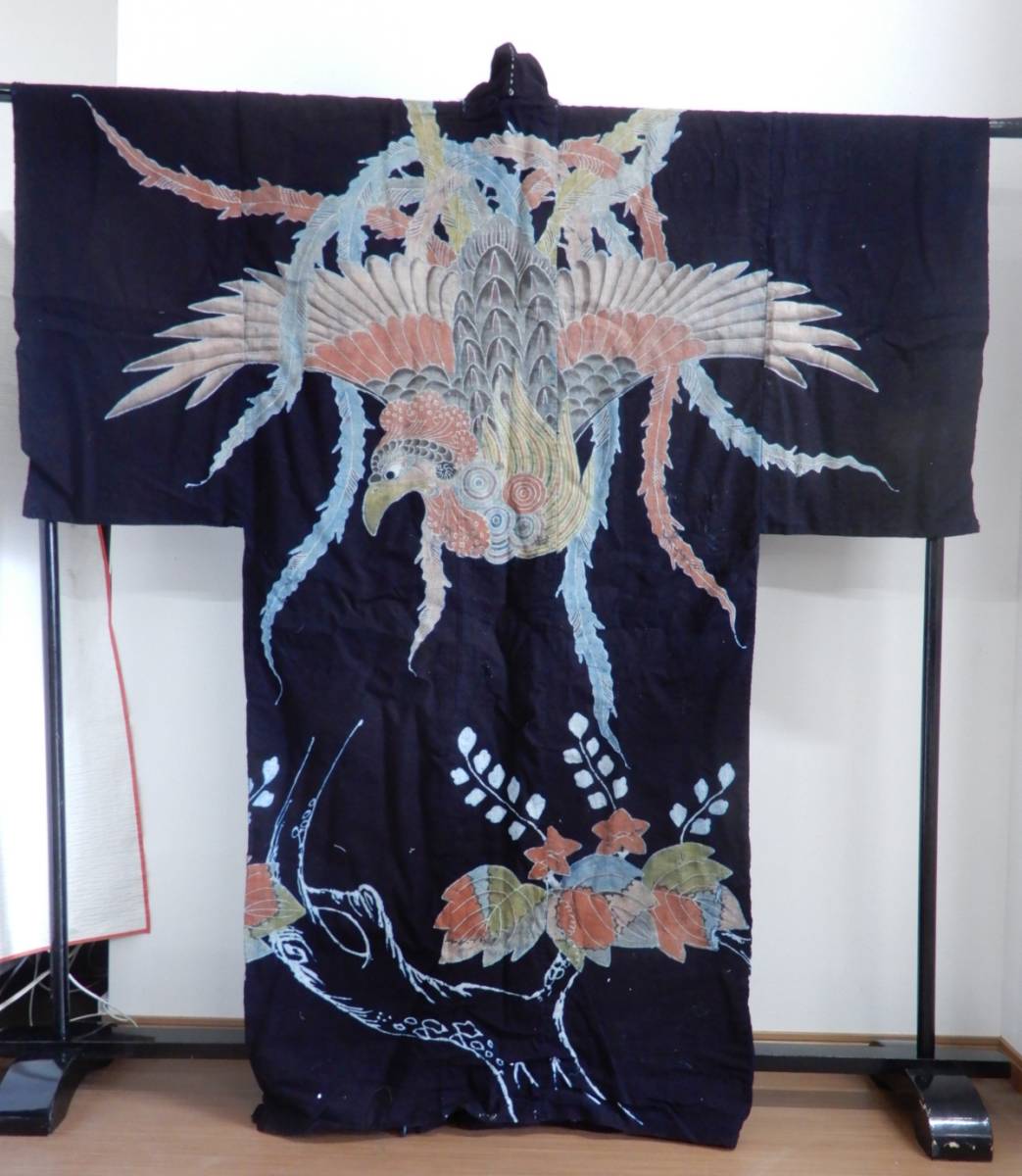 銀の斧＞古布・明治期筒描夜着・顔料・桐に鳳凰・手織藍染