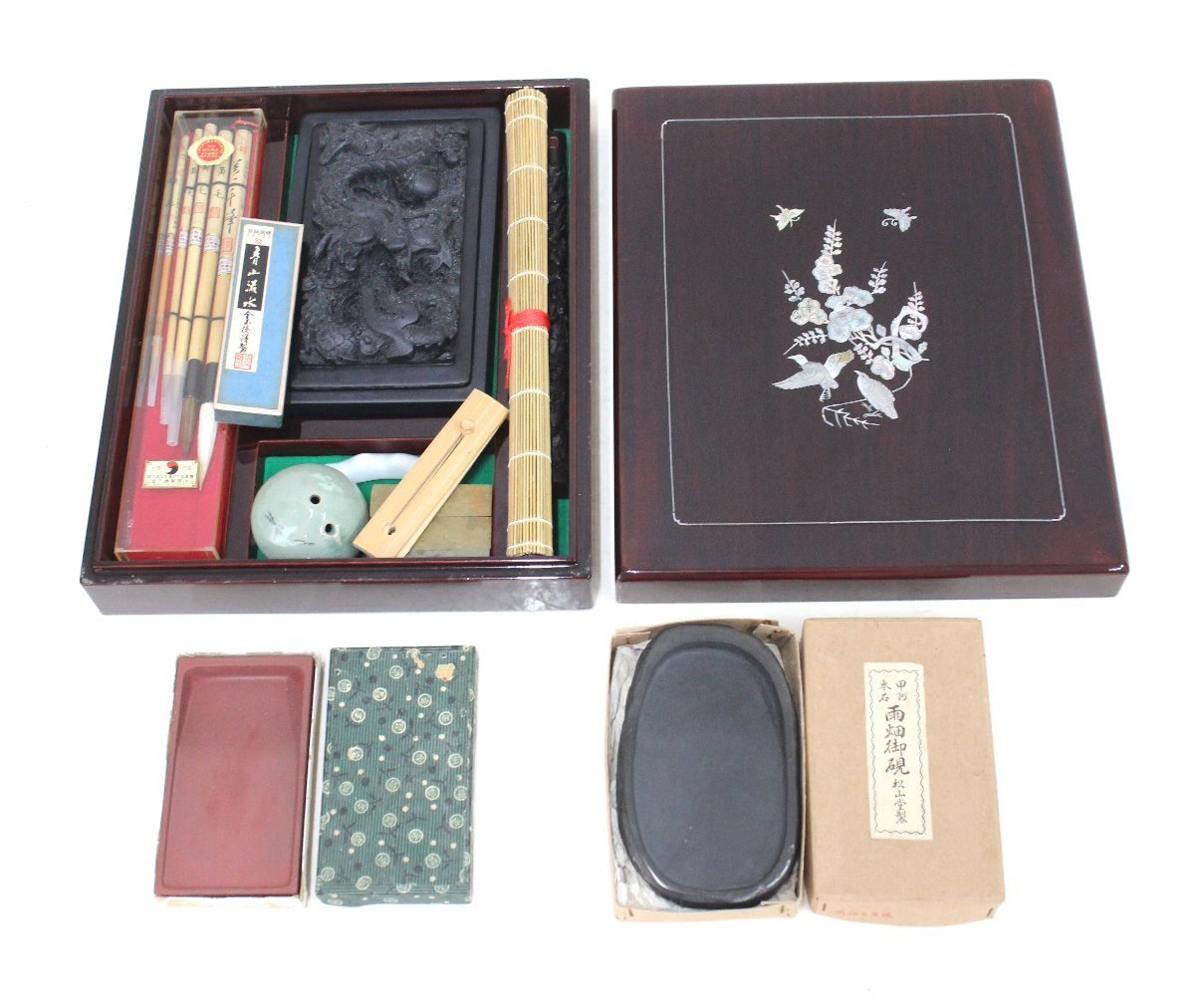 jv02□未使用品◇書道具セット◇硯箱/硯/筆5本/文鎮/簾/水滴/印材3個 