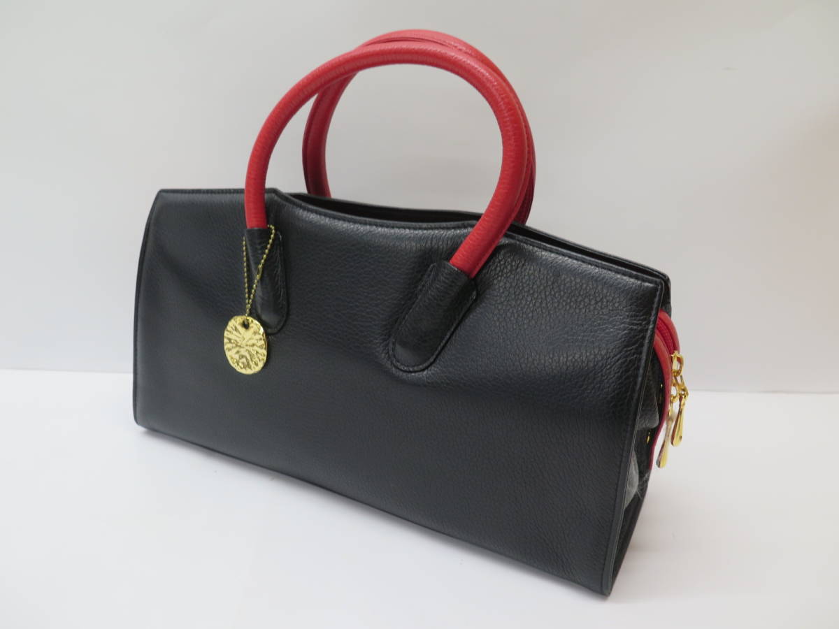 美品 芝翫香 (シカンコウ) 本革 レザーハンドバッグ 黒/赤 【公式通販】