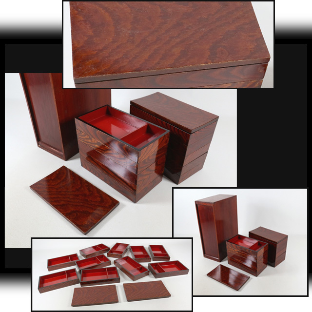 ●西瓜●b269●【けやき 玉杢 十段 拭き漆内朱縁黒塗 弁当箱 溜塗外箱付】検お茶会煎茶道具茶懐石道具重箱欅古道具古民具●