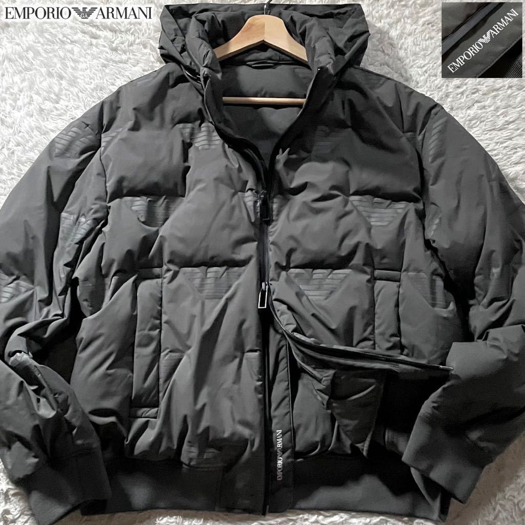未使用級/3Lサイズ●極暖 エンポリオ アルマーニ ダウンジャケット ブルゾン EMPORIO ARMANI ダブルジップ 総柄 イーグルロゴ型押し XXL