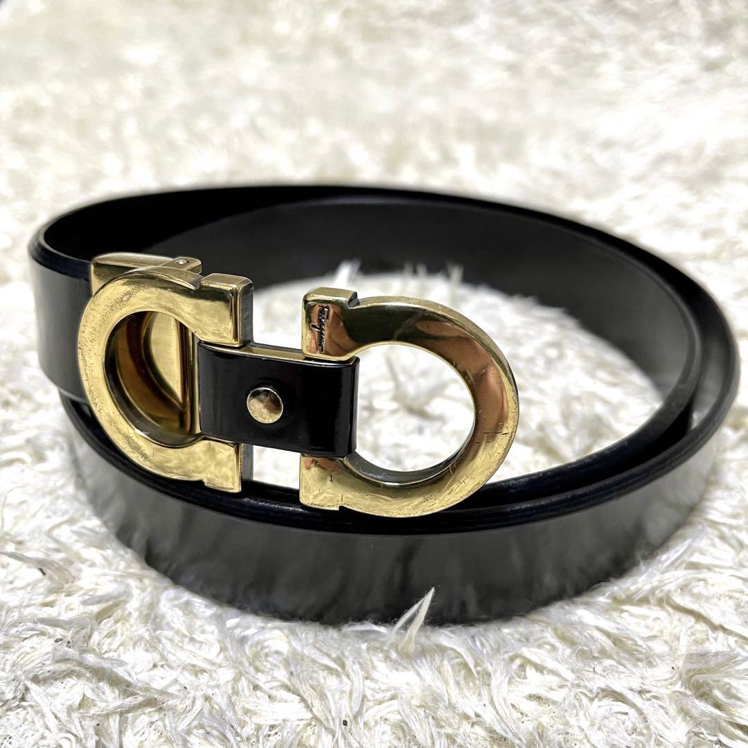 【希少】フェラガモ　レザー　ベルト　ゴールド金具　ダブル　ガンチーニ　黒