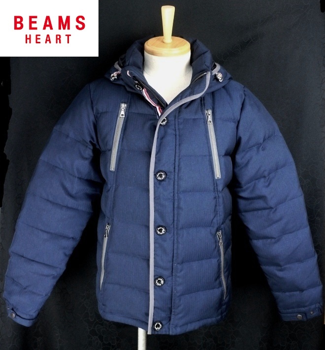 ■新品同様■BEAMS HEART■フード脱着 やや肉厚 トリコロール 比翼 ダウンジャケット M ネイビー ビームスハート 紺