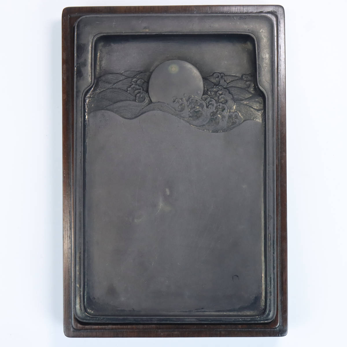 古硯 海上升月硯 端渓老坑 眼付き 箱付き 硯本体：20.5x13.4x2.9cm 