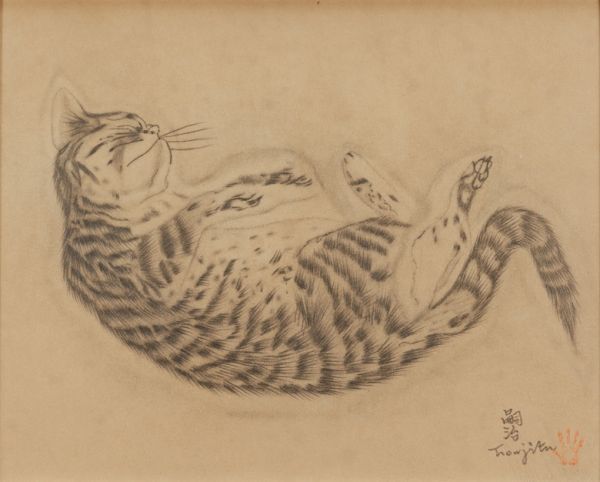 【F6号】藤田嗣治【座る猫】手描き作品/サイン・鑑定書有/鉛筆/水彩/額縁/額装 作者不明】鉛筆デッサン 手描き『猫』表サイン(印譜) 画廊取扱シール