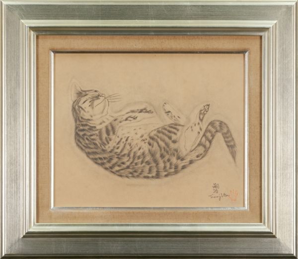 作者不明】鉛筆デッサン 手描き『猫』表サイン(印譜) 画廊取扱シール