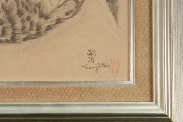 作者不明】鉛筆デッサン 手描き『猫』表サイン(印譜) 画廊取扱シール