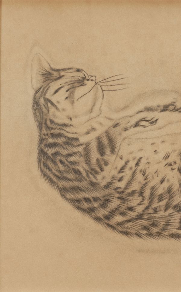 作者不明】鉛筆デッサン 手描き『猫』表サイン(印譜) 画廊取扱シール
