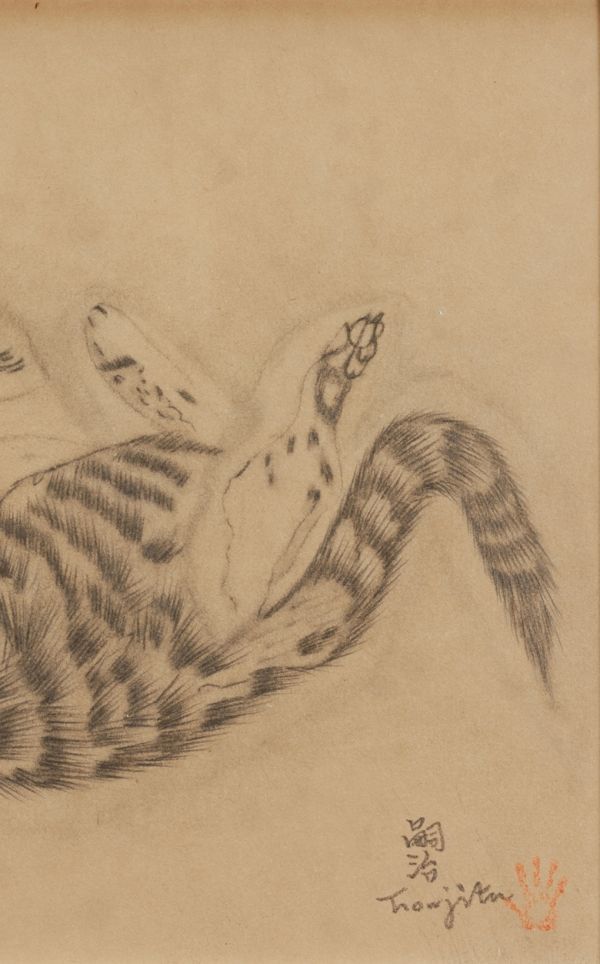 作者不明】鉛筆デッサン 手描き『猫』表サイン(印譜) 画廊取扱シール