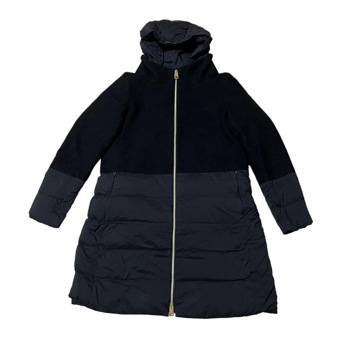 Herno ヘルノ ダウンコート ジャケット フード付き 取り外し可 素材切替 ウール×ナイロン ブラック系 レディース サイズ44(XL ...
