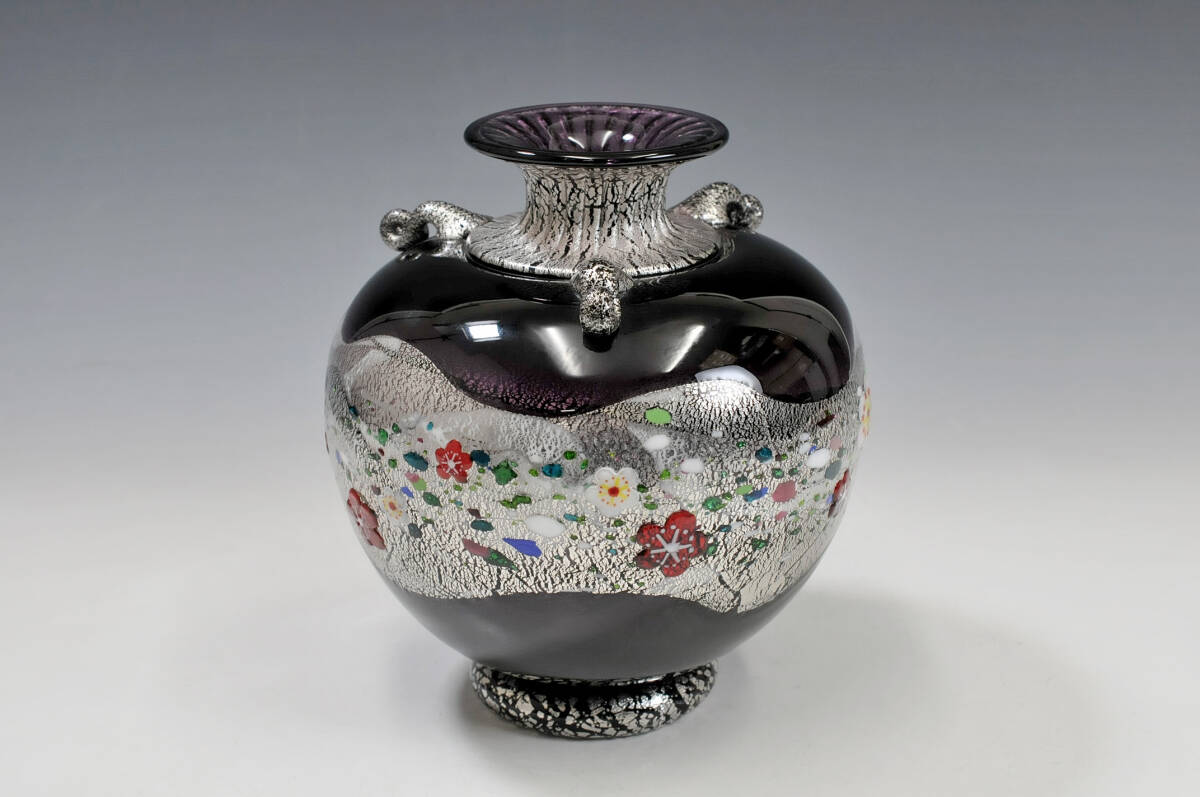 真作】 黒木国昭 作 花器 銘：プラチナ象嵌 『光琳』 共箱 高さ：22cm
