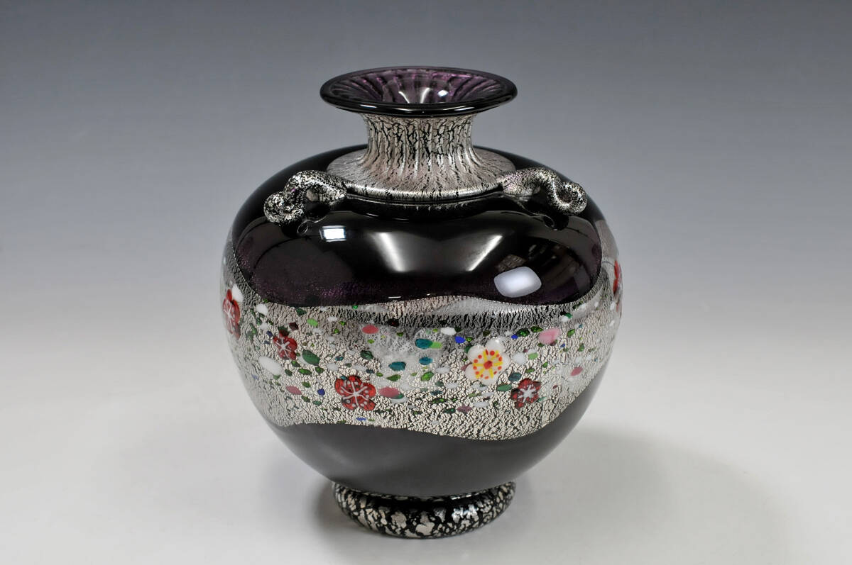 真作】 黒木国昭 作 花器 銘：プラチナ象嵌 『光琳』 共箱 高さ：22cm