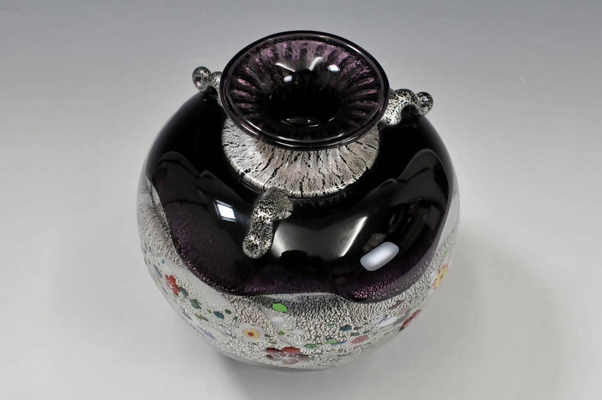 真作】 黒木国昭 作 花器 銘：プラチナ象嵌 『光琳』 共箱 高さ：22cm
