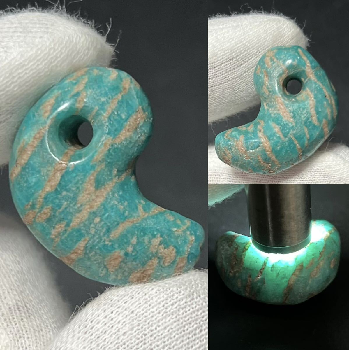 縄文晩期-弥生前期 美石目 天河石 勾玉2.8cm 九州地方出土 垂飾玉大珠