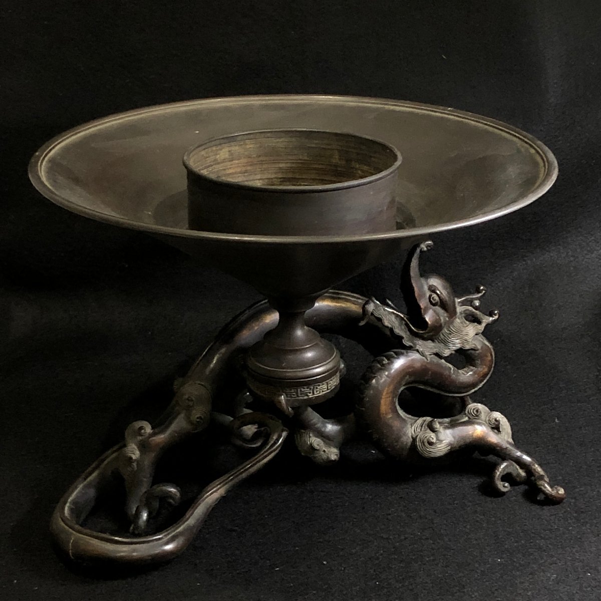 m001 H(100) 旧家蔵出 古銅花器 龍細工薄端 水盤 在銘 時代品 細密彫刻