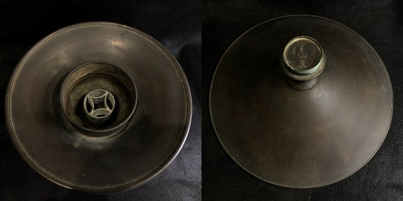 m001 H(100) 旧家蔵出 古銅花器 龍細工薄端 水盤 在銘 時代品 細密彫刻