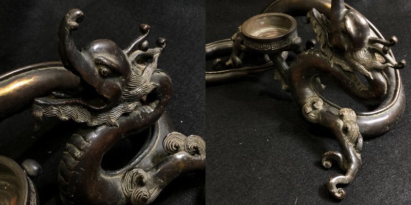 m001 H(100) 旧家蔵出 古銅花器 龍細工薄端 水盤 在銘 時代品 細密彫刻