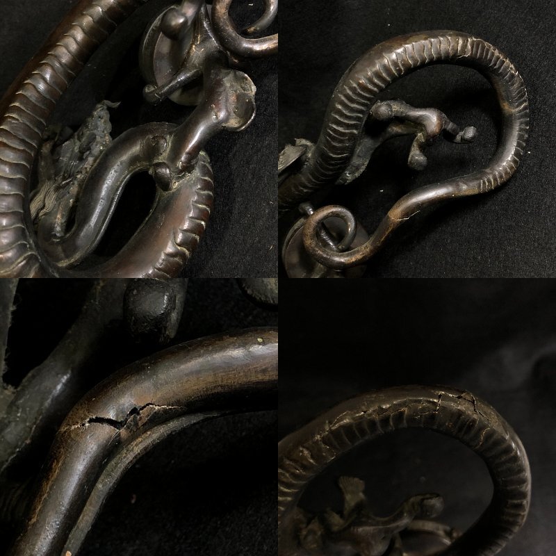 m001 H(100) 旧家蔵出 古銅花器 龍細工薄端 水盤 在銘 時代品 細密彫刻