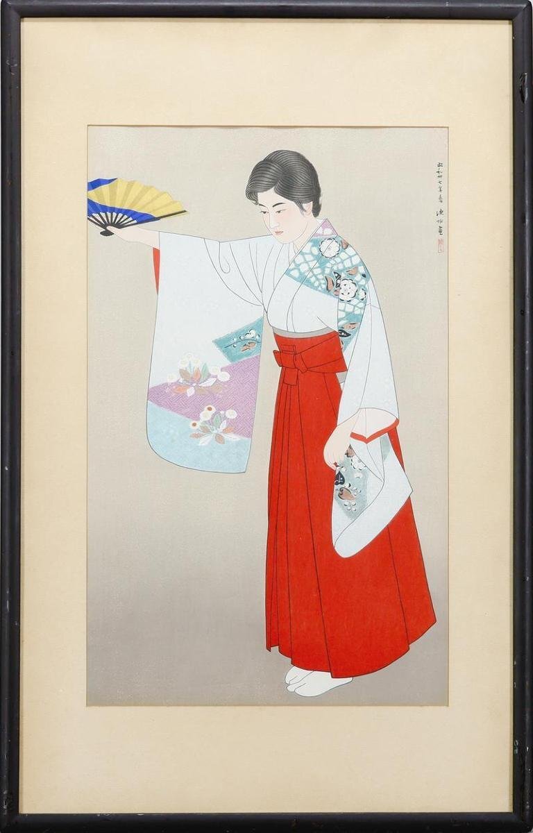 真作】【WISH】伊東深水「熊野」木版画 約10号 証明シール 〇美人画