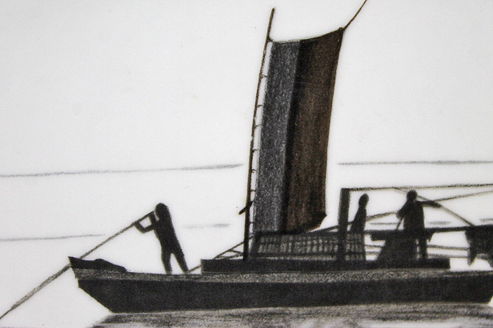 □平山郁夫 【太湖に浮かぶ漁船】 陶板画 サイン有り(石版画