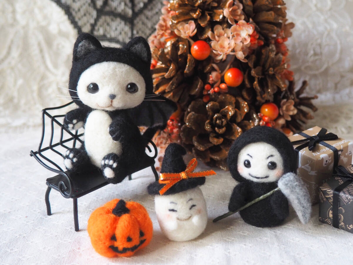 ☆ハンドメイド・羊毛フェルト・ハロウィン・猫・デビル・かぼちゃ