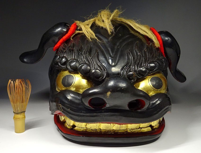 緑屋c□ 時代物 木製 獅子頭 黒獅子 獅子舞 i2o/10-021/8-2#120(東洋