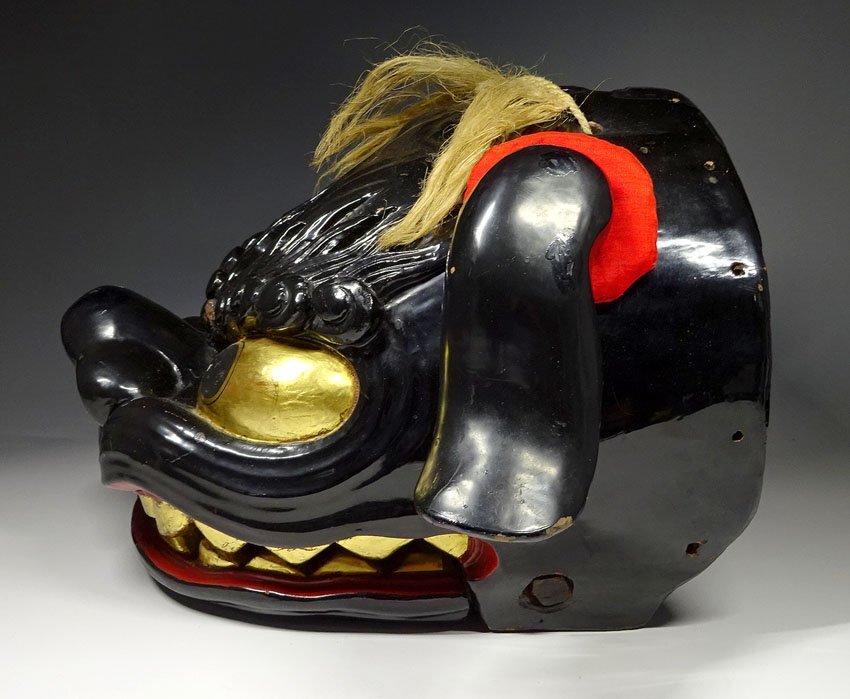 昭和 特大 美品 獅子舞 獅子頭 祝い獅子 木彫り 骨董 唐草模様 希少 レア 緑屋c□ 時代物 木製 獅子頭 黒獅子 獅子舞 i2o/10-021/8-2#120(東洋
