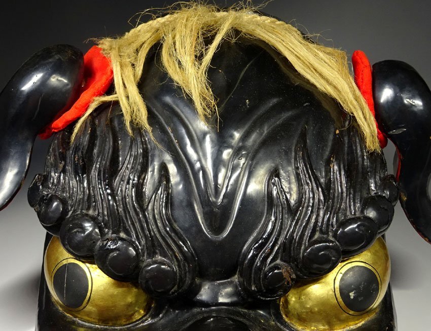 緑屋c□ 時代物 木製 獅子頭 黒獅子 獅子舞 i2o/10-021/8-2#120(東洋