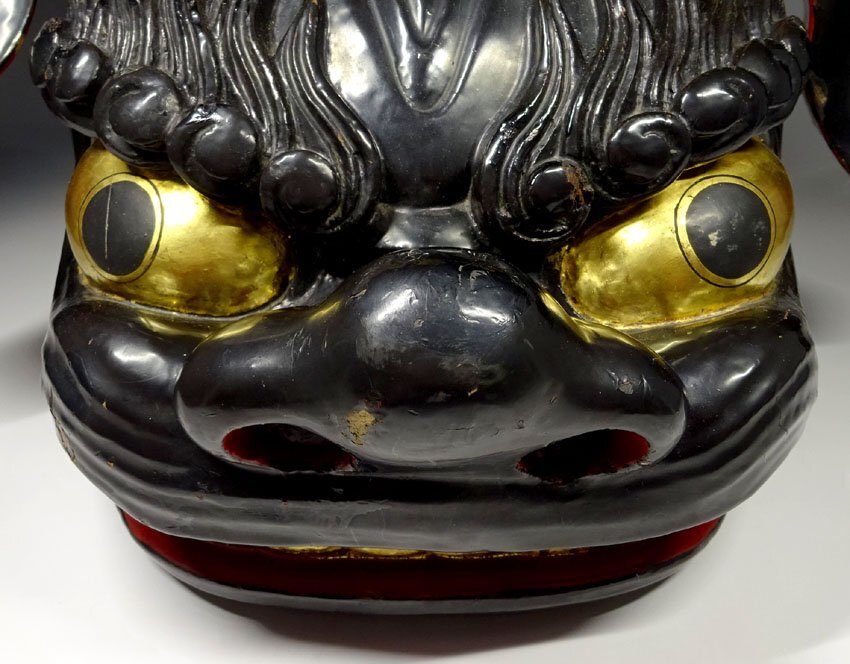 緑屋c□ 時代物 木製 獅子頭 黒獅子 獅子舞 i2o/10-021/8-2#120(東洋