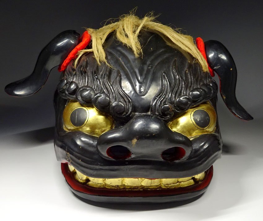 木製　獅子舞　獅子頭 緑屋c□ 時代物 木製 獅子頭 黒獅子 獅子舞 i2o/10-021/8-2#120(東洋