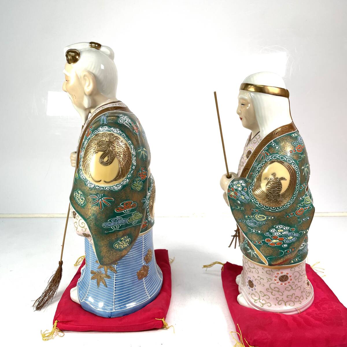 N）九谷焼 菊仙窯◇特大 約40cm 高砂人形 鶴亀盛絵家紋 * 金彩色絵 翁