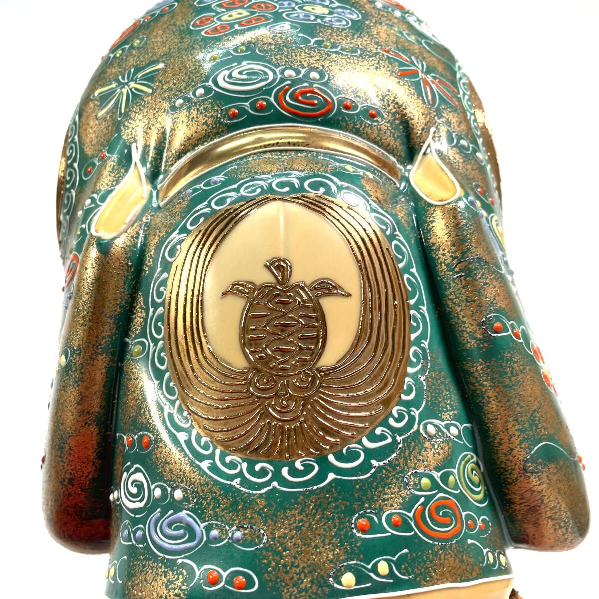 N）九谷焼 菊仙窯◇特大 約40cm 高砂人形 鶴亀盛絵家紋 * 金彩色絵 翁