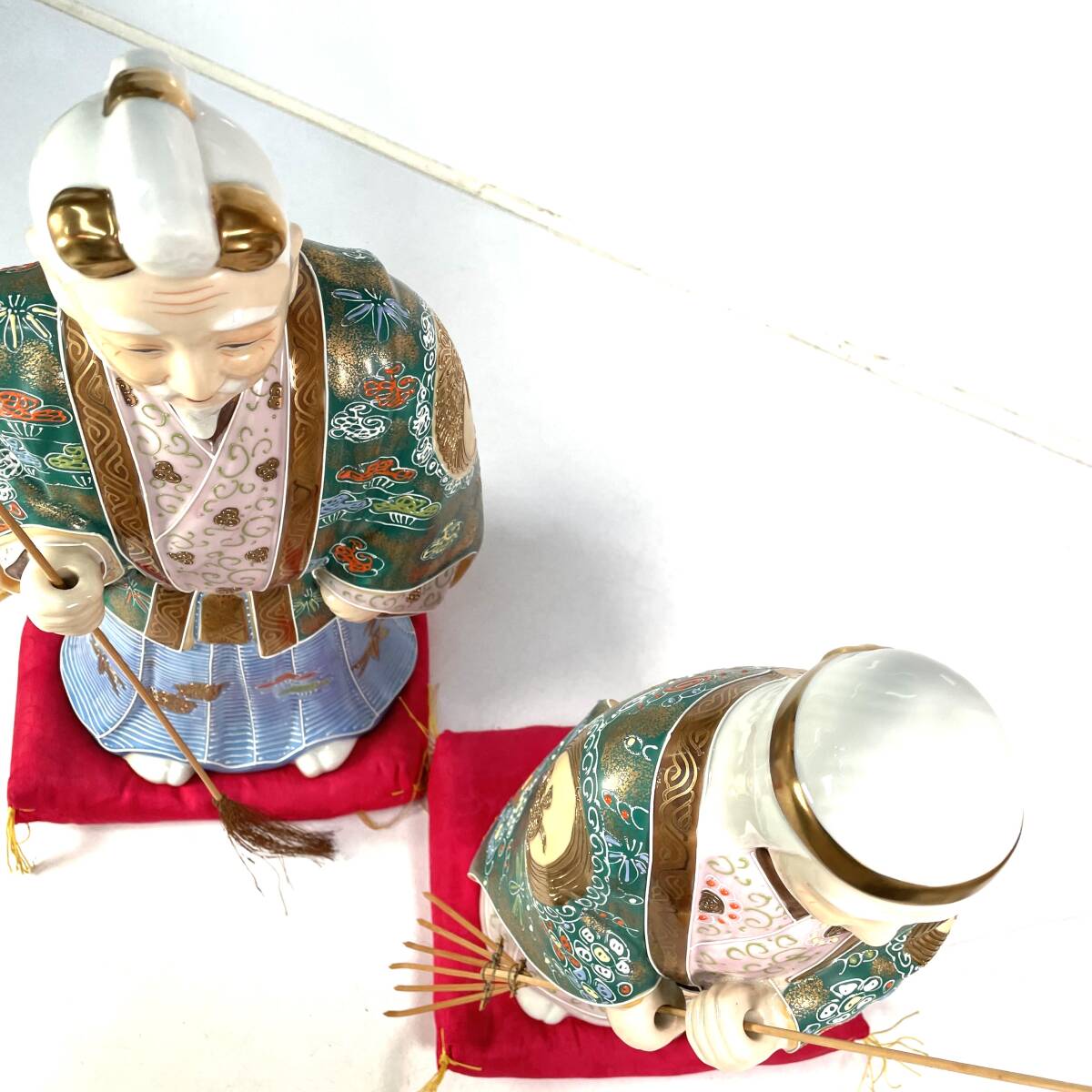 N）九谷焼 菊仙窯◇特大 約40cm 高砂人形 鶴亀盛絵家紋 * 金彩色絵 翁