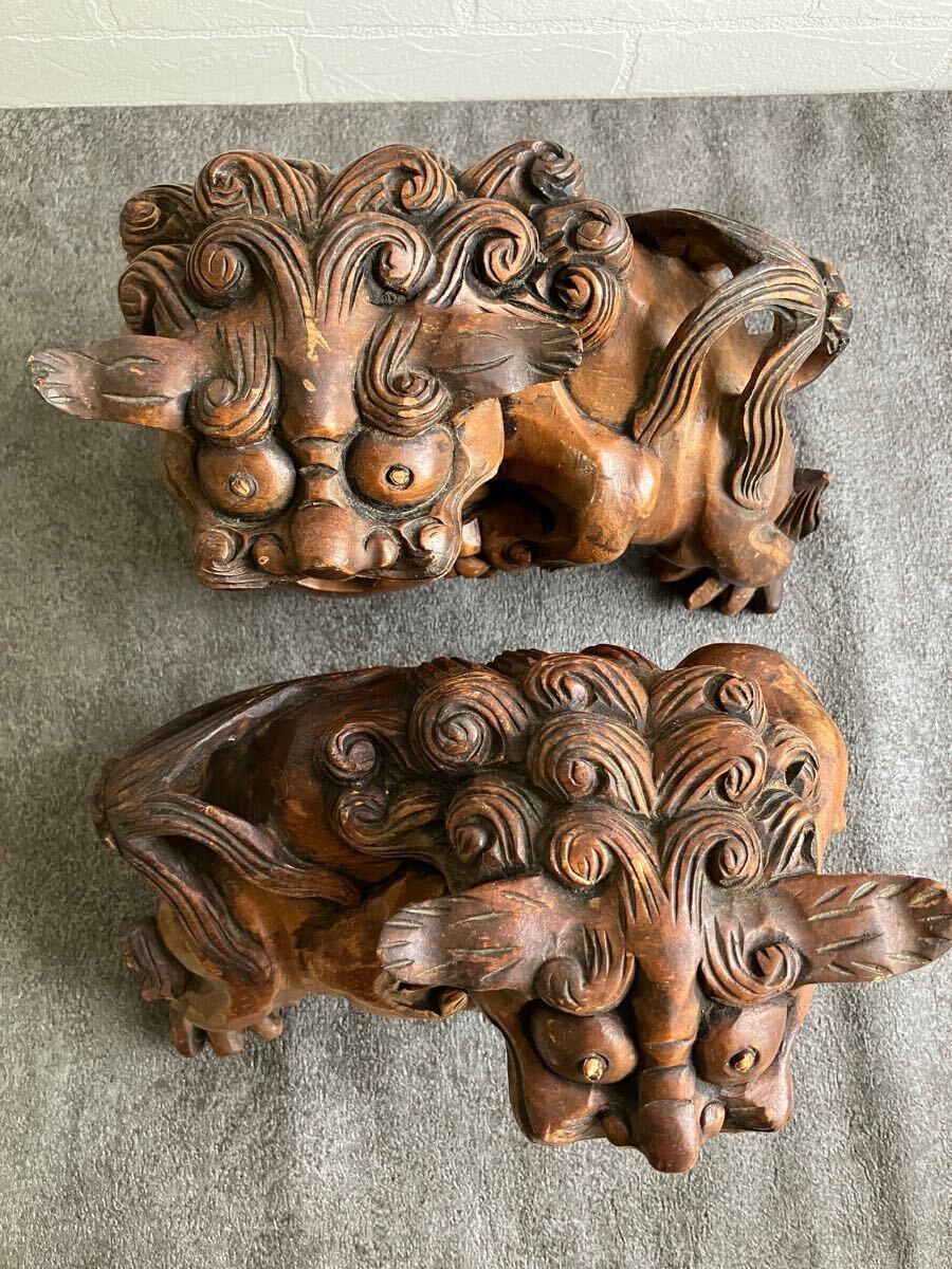 木彫り 玉乗り 獅子 雄雌セット 玉 玉獅子 骨董 木製 シーサー 置物