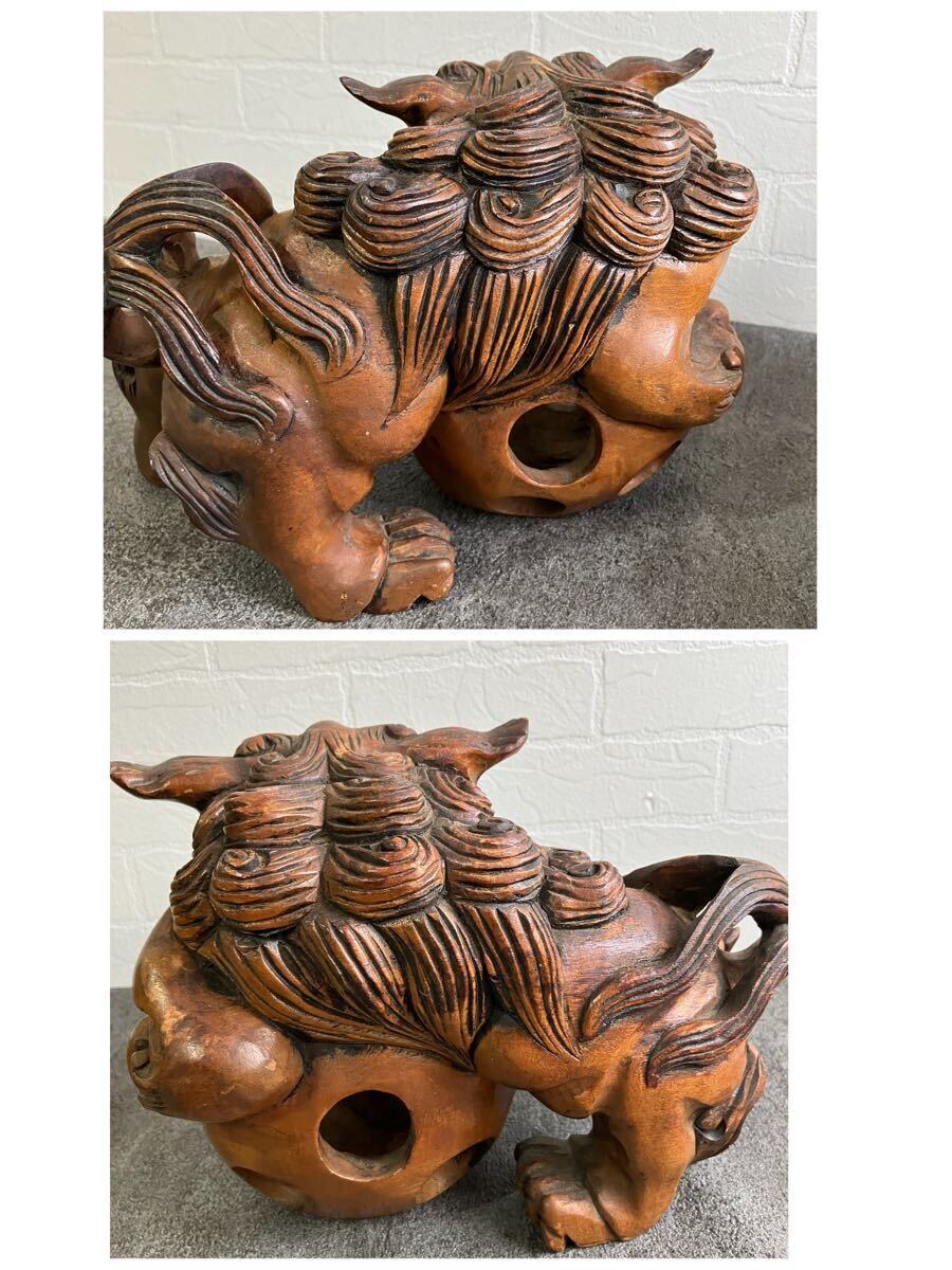 木彫り 玉乗り 獅子 雄雌セット 玉 玉獅子 骨董 木製 シーサー 置物