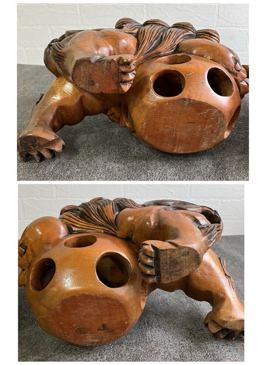 木彫り 玉乗り 獅子 雄雌セット 玉 玉獅子 骨董 木製 シーサー 置物