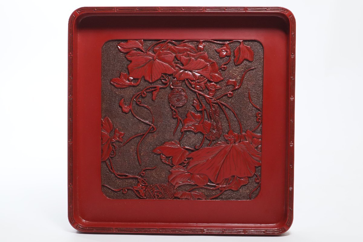 村上堆朱 二代久紅 蔦瓢箪図 角盆 共箱 /漆器 漆美術 伝統工芸品 お盆