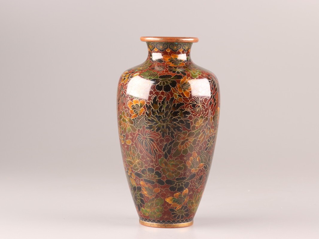 七宝花瓶、銅七宝焼時代物 中国古玩 唐物 古七宝 七宝焼 花瓶 時代物 極上品 初だし品 C9928(銅製