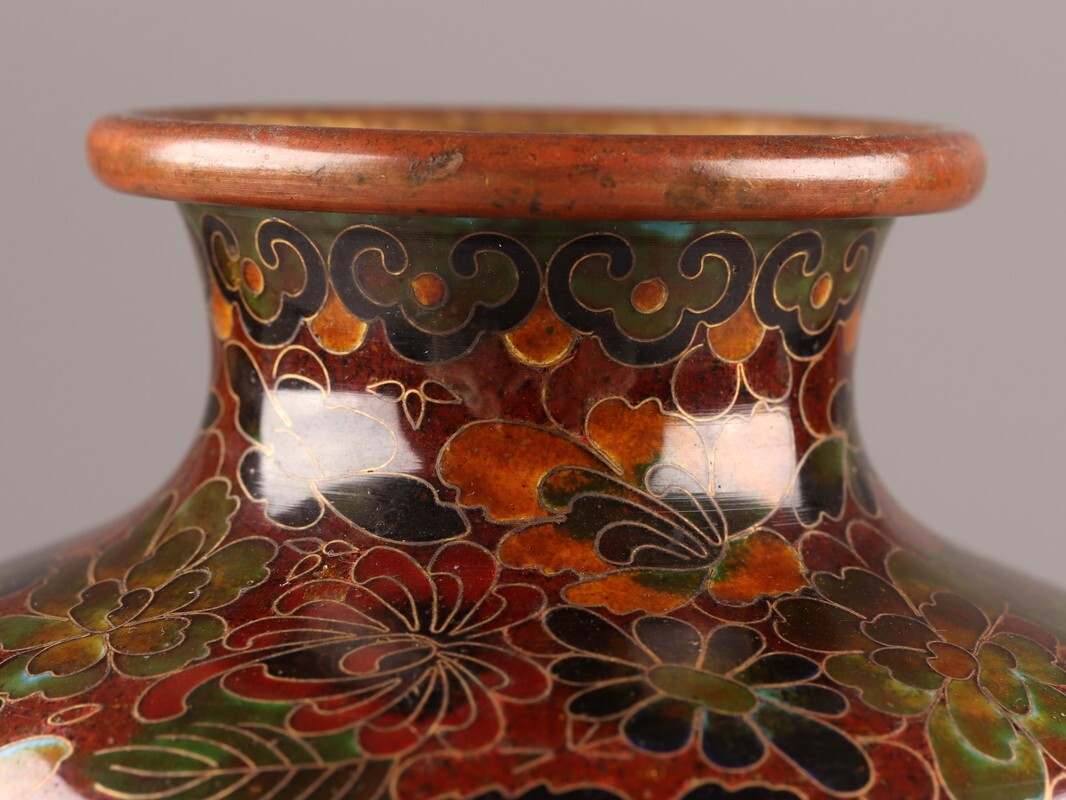 七宝花瓶、銅七宝焼時代物 中国古玩 唐物 古七宝 七宝焼 花瓶 時代物 極上品 初だし品 C9928(銅製