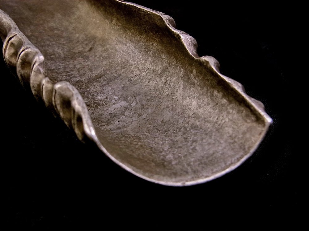 ◆SABI◆ 三世 秦 蔵六 造 純錫 竹式 漢詩彫 茶合 在銘 長13.7cm ◆ 煎茶 布袋竹 古竹写 茶量 仙媒 茶匙 希少品_8