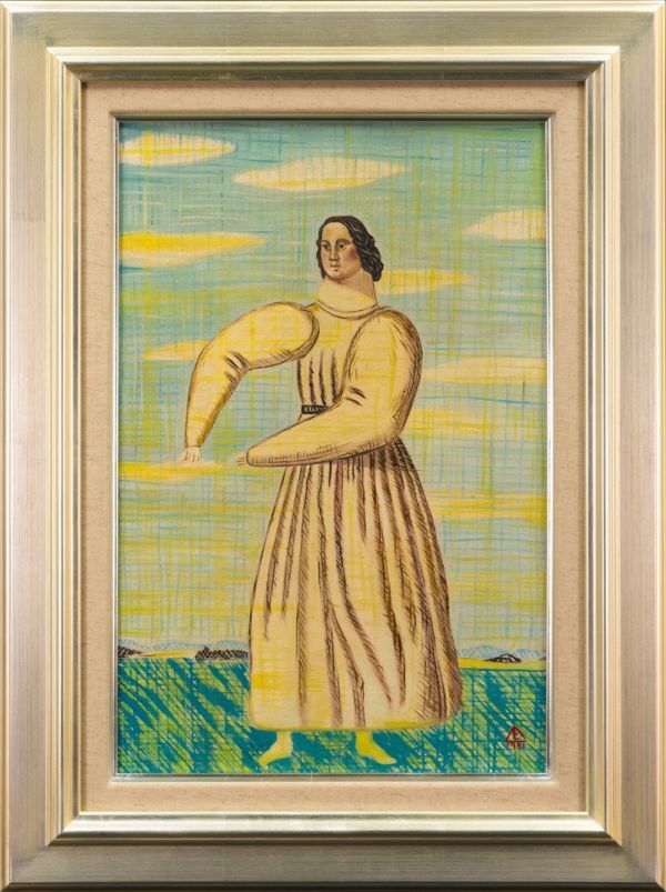 手描き油絵　一点物　アーティスト　肖像画　絵　人物画　アート　美術品　額装 模写】有元利夫◇作者不明◇油絵 手描き《夏》表サイン 裏サイン 箕浦