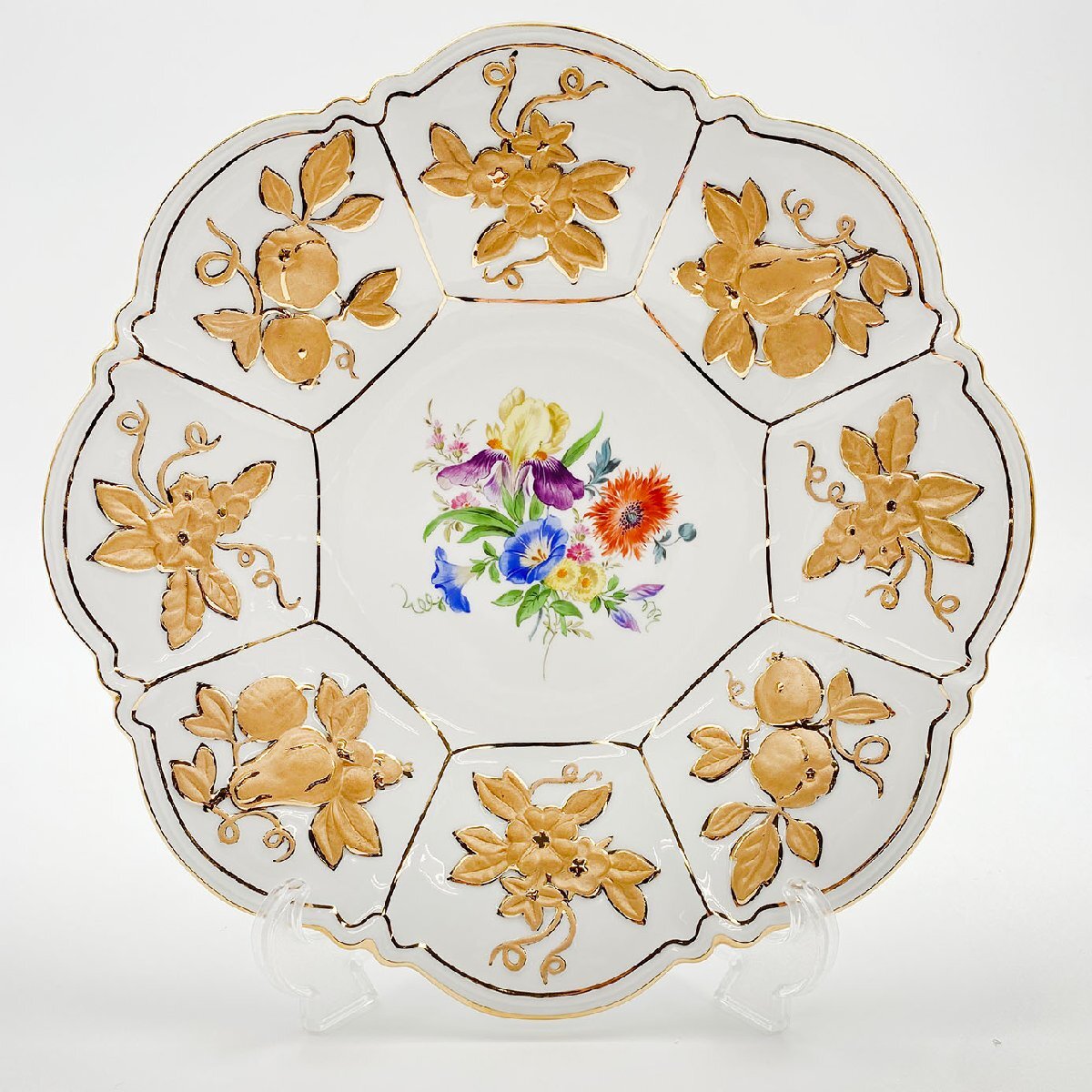 Meissen マイセン 五つ花 レリーフ フルーツ フラワー 金彩 飾り皿 