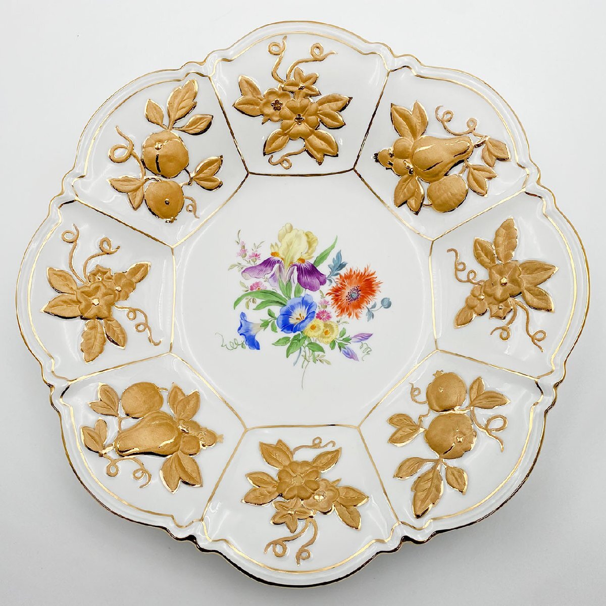 Meissen マイセン 五つ花 レリーフ フルーツ フラワー 金彩 飾り皿 