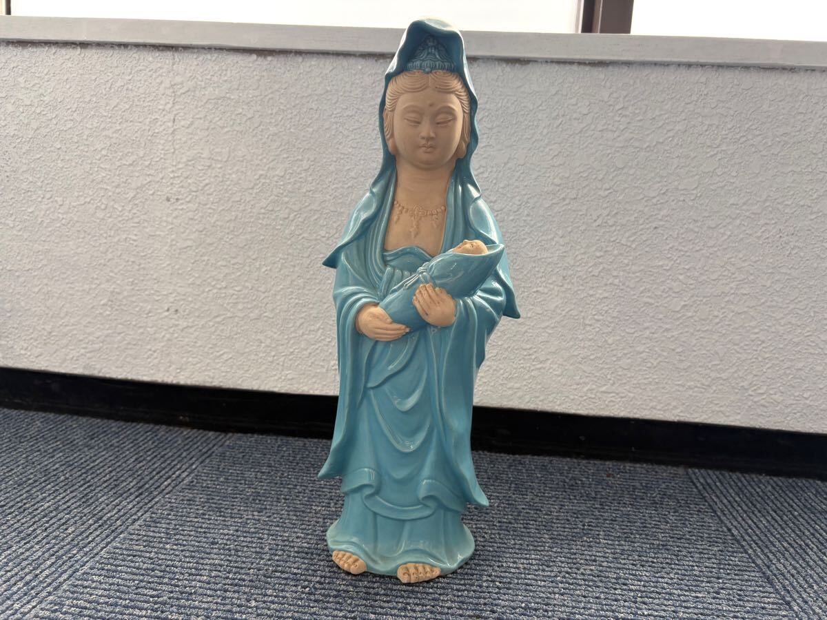 【青磁観音像】観音菩薩像 仏像 青磁 置物 共箱付 時代物 骨董 古玩 1円スタート 観音像 観音様 骨董品 子守観音 置物 仏像 インテリア