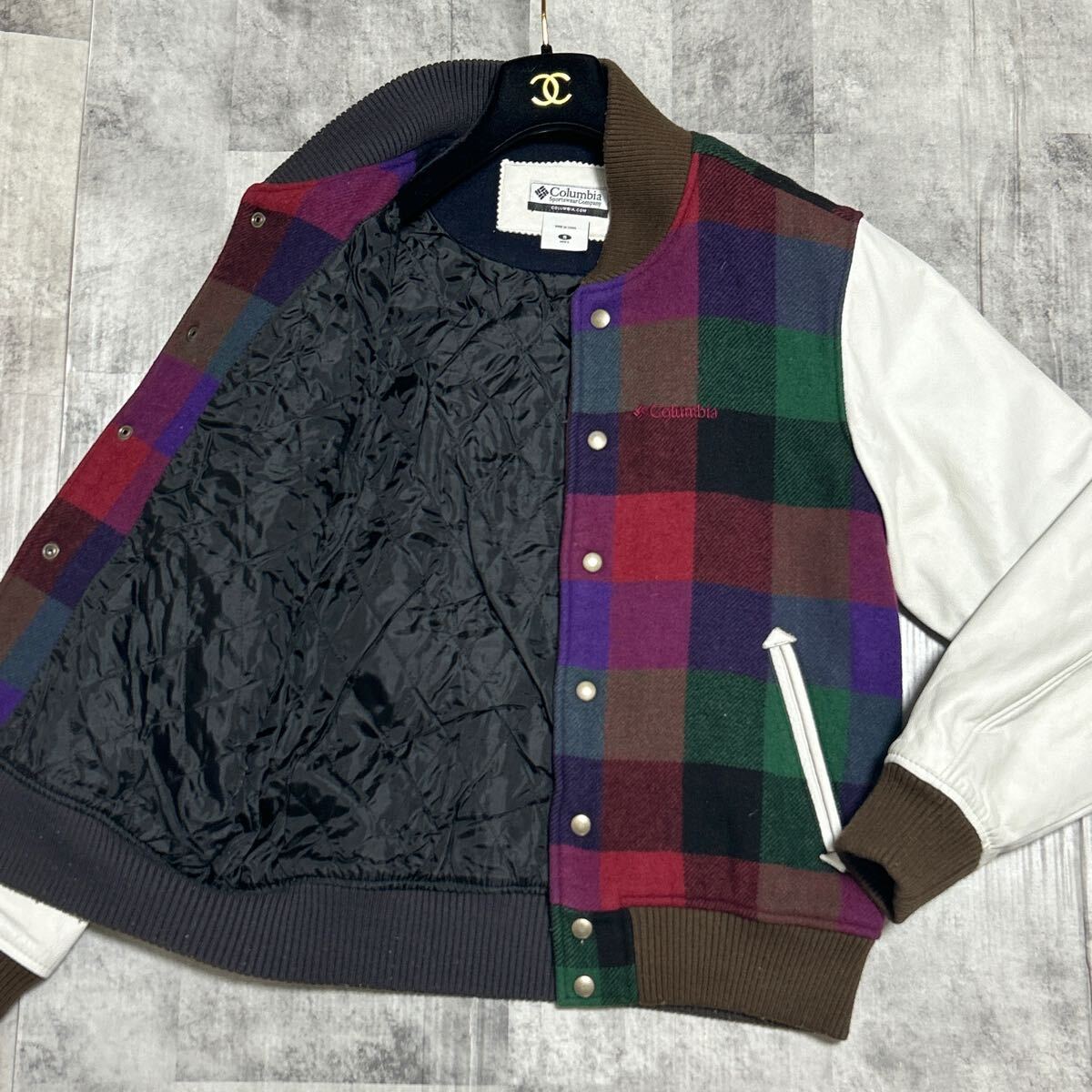 美品/M相当☆Columbia コロンビア 袖革スタジャン カウレザー 牛革