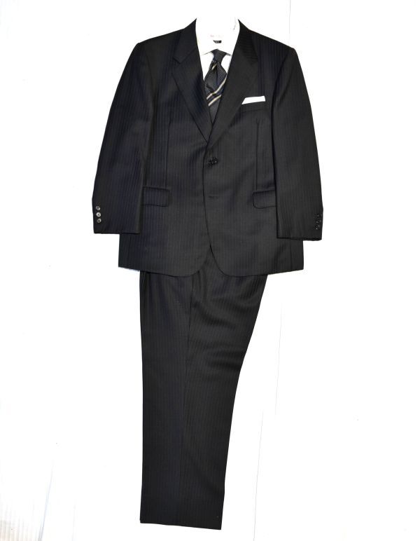 Zegna ゼニア 高級 イタリア製生地 スーツ 黒 ストライプ XL 010